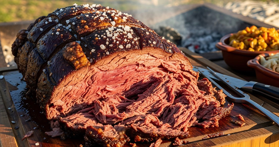 A close-up of a sliced, cooked brisket on a wooden cutting board, with coarse salt crystals on the bark and bowls of side dishes in the background.